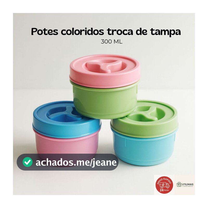 Jogo Potes 300ml Colorido Mantimento Plástico com Tampa Rosca Hermético Multiuso - Porta tempero