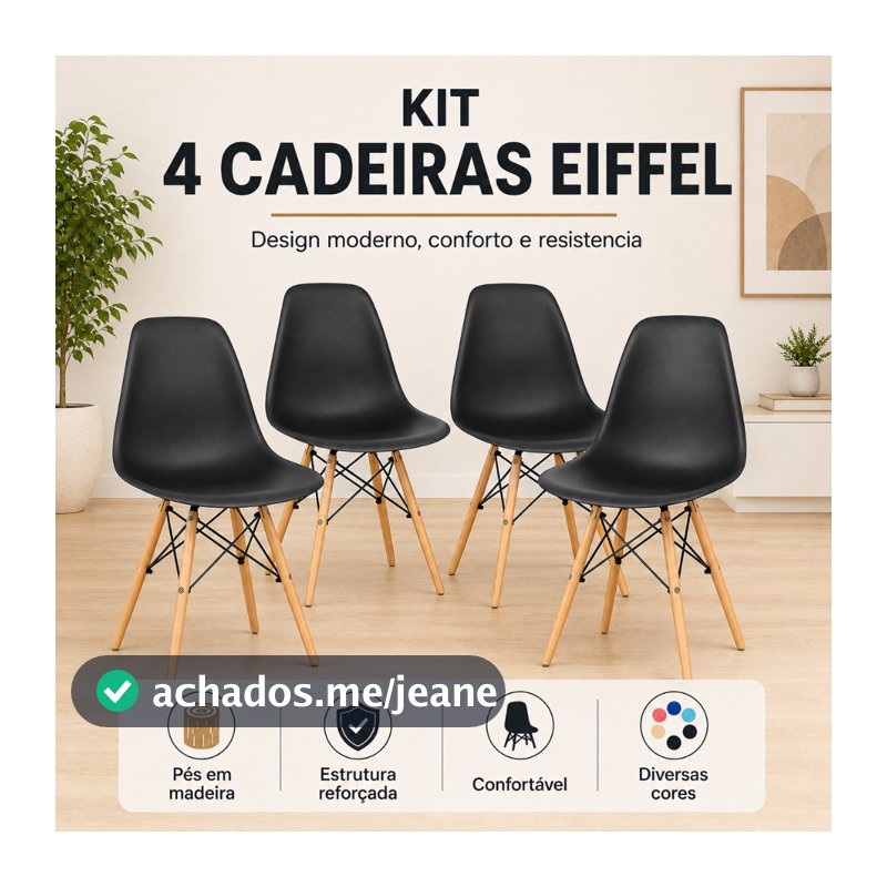 Kit 4 Cadeiras Eiffel Modernas com Pés de Madeira – Sala de Jantar, Area Gourmet