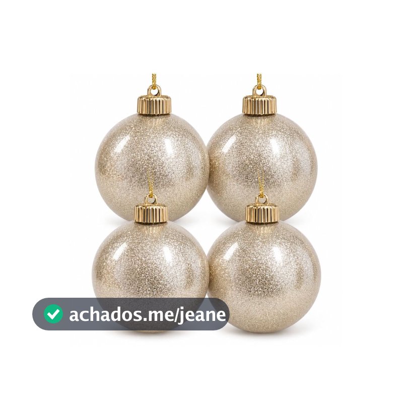 Kit 4 Bolas de Natal Glitter Champanhe Perolado Luxo 8cm com  Cordão Dourado