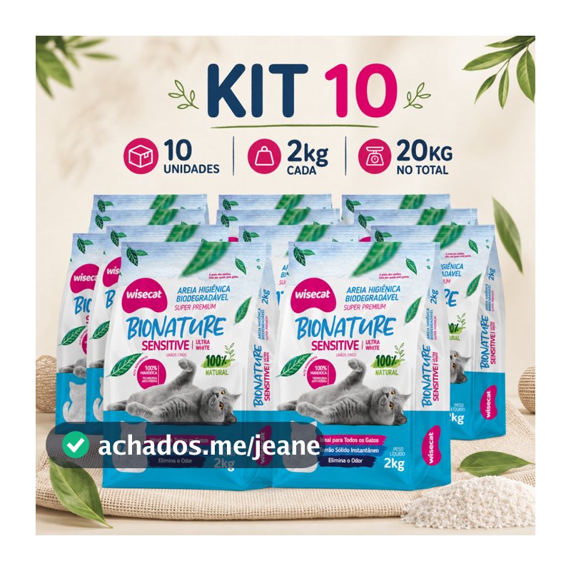 Kit 10 Areia Sanitária De Mandioca 2kg Grãos Finos Para Gatos Biodegradável Wisecat 20kg FARDO