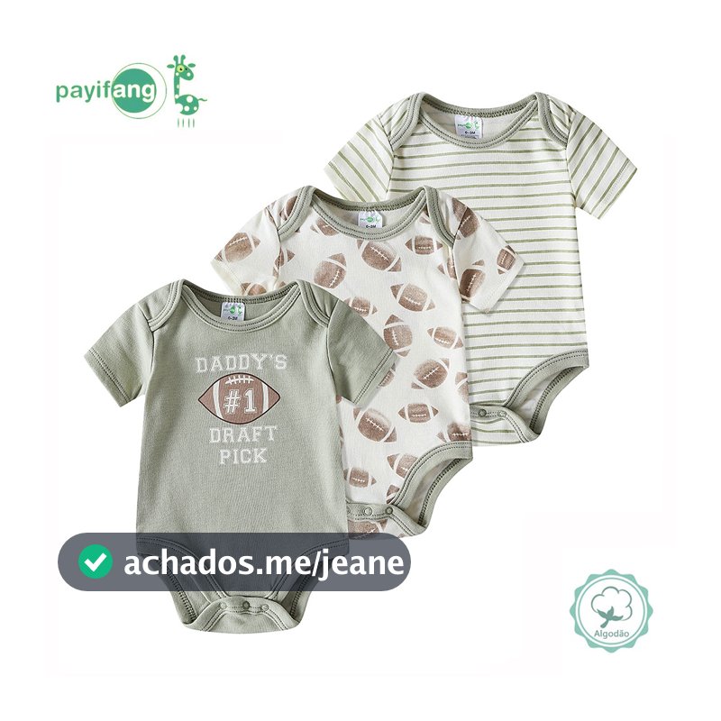 Kit 3 bodies curtos para bebê menino, 60% algodão 40% poliéster, diversos estilos, para uso diário