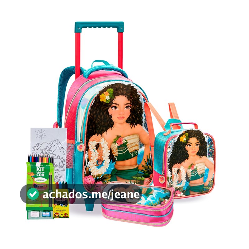 Kit Escola Princesas Mochila Moana De Rodinhas Estojo Lancheira Térmica Coleção 2025 Denlex Raya