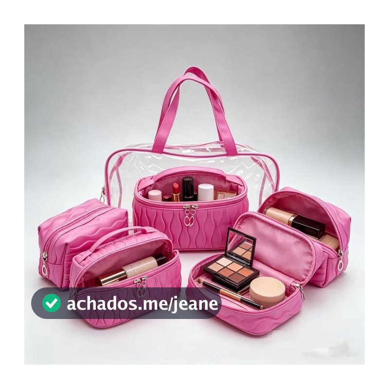 Kit Necessaire 4 Peças Transparente e Tecido, 7 Cores, Ideal para Maquiagem e Viagem