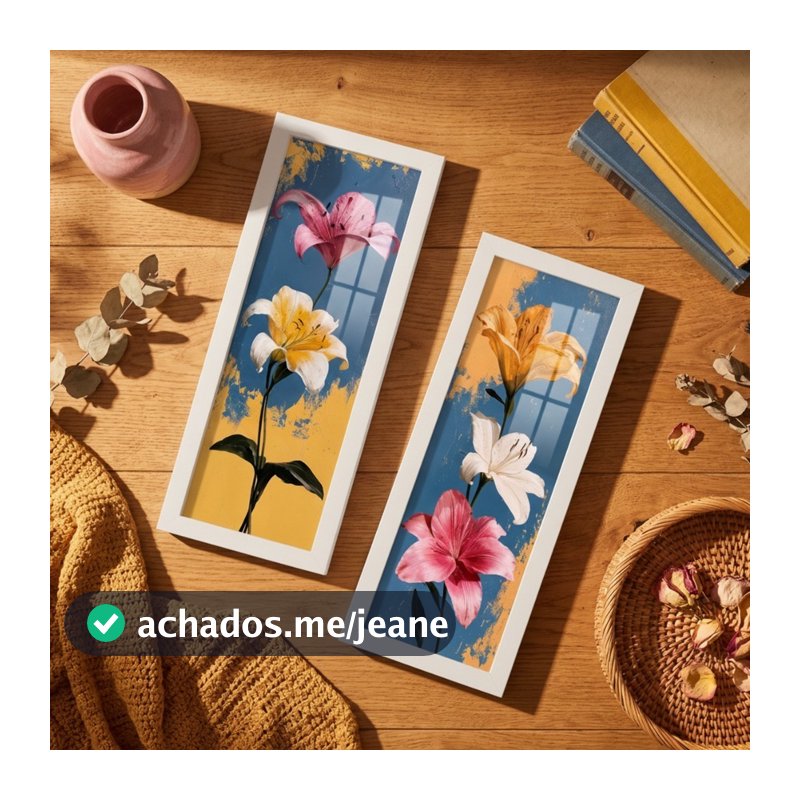 Kit 2 Quadros Decorativos Flores Lírios Floral Delicado com Moldura 18x45cm Decoração Sala Cozinha Quarto
