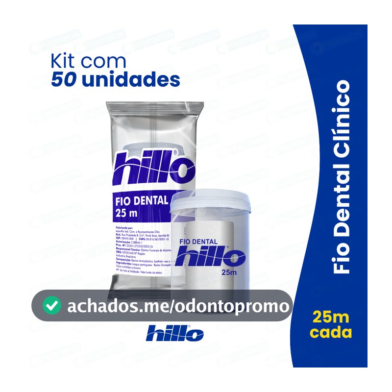 Kit 50 Fio Dental 25 Metros Hillo Econômico Brinde Higiene Completa