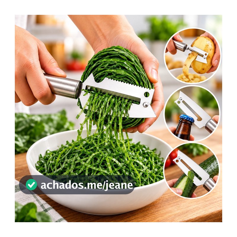 Faca Descascador Fatiador 4 em 1 Inox Corta Couve e Repolho Fininha Legumes Abridor de Garrafa Cozinha Premium
