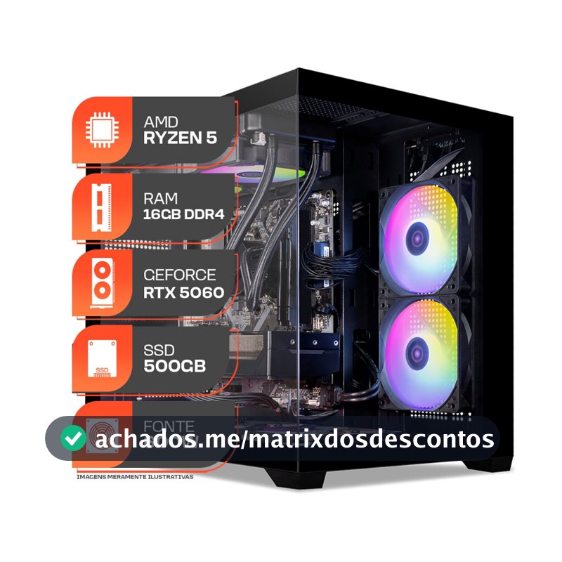PC Gamer Titan Pro, AMD RYZEN 5 5500, GeForce RTX 5060 8GB, 16GB DDR4, SSD M.2 500GB, Fonte 600W 80 Plus