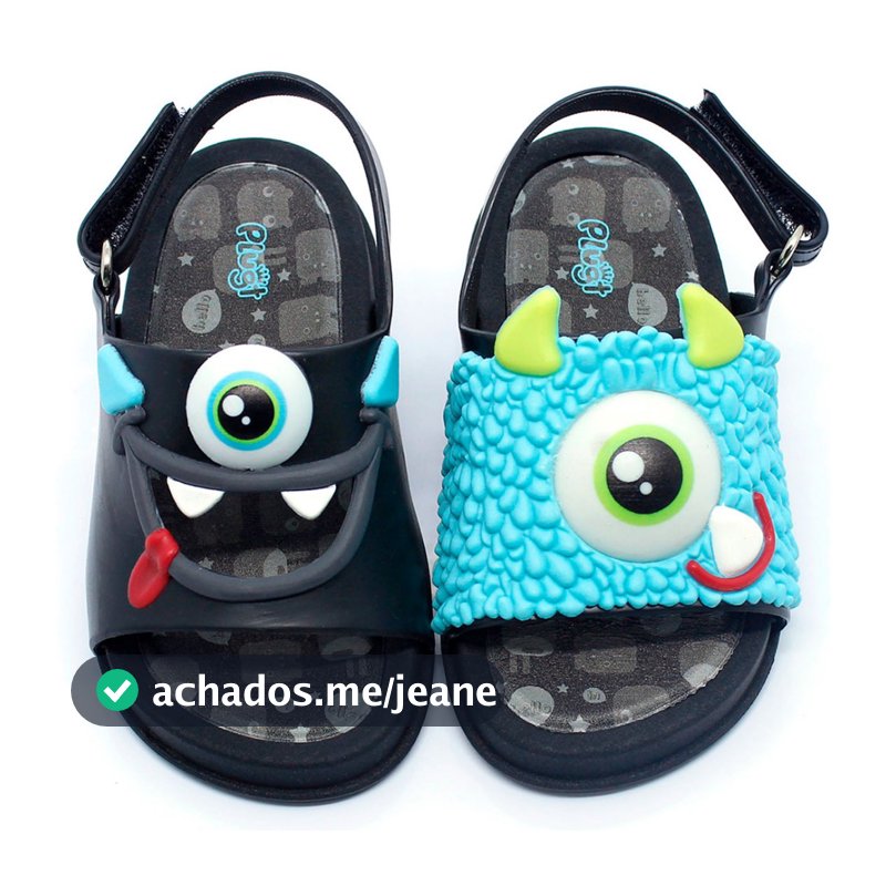Sandália Infantil Plugt Menino Confortável Divertido Monstros Preto Azul Divertido Original Halloween