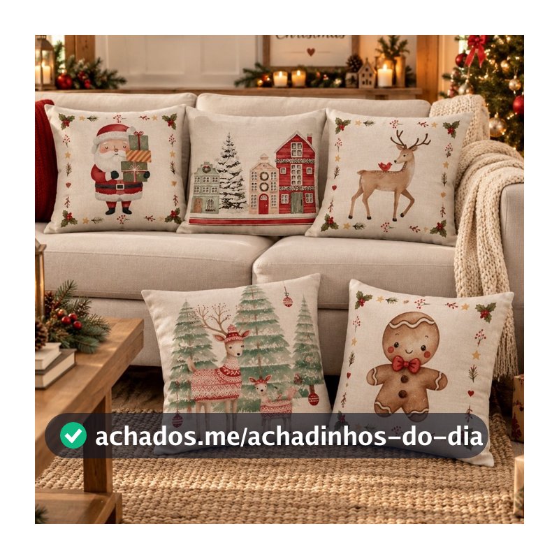 Capa de Almofada Natalina Decoração de Natal Festa Enfeite Papai Noel Renas Boneco de neve 43x43cm