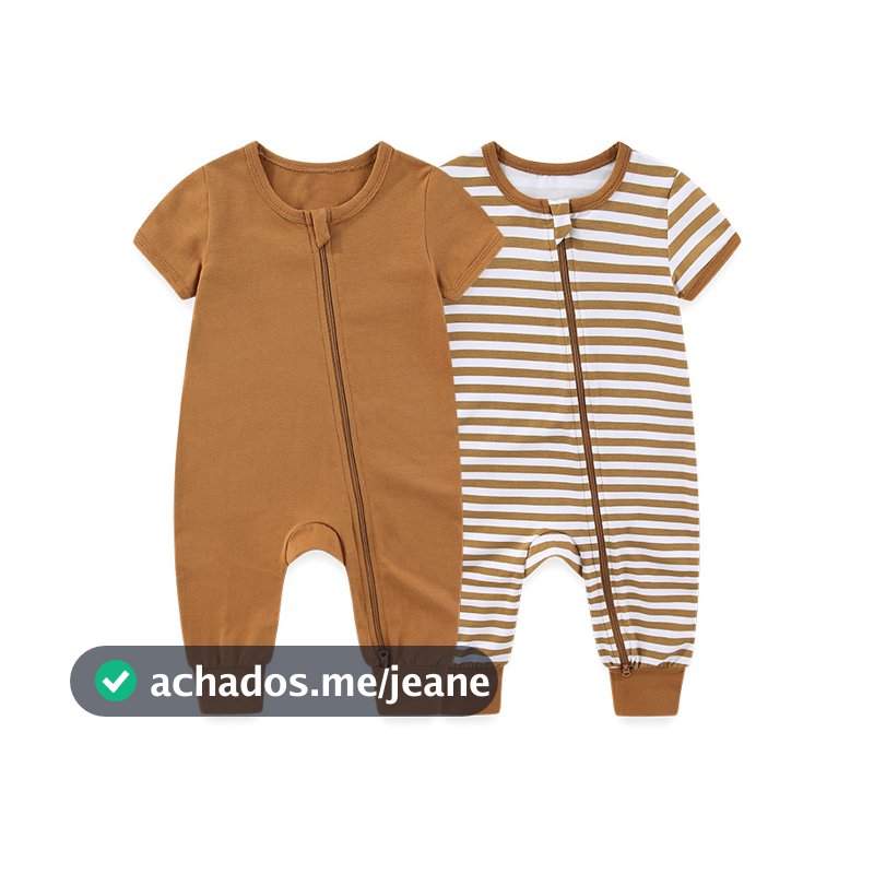 Macacão Unissex De Manga Curta Com Zíper , 2 Peças , Algodão Macio , Roupas Para Recém-Nascidos