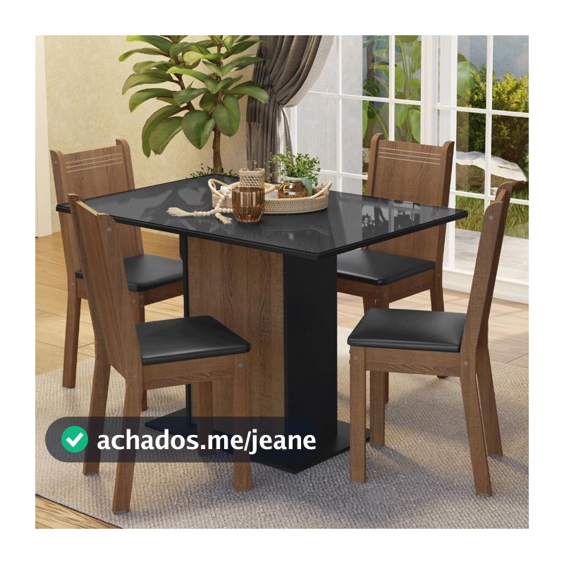 Conjunto Sala de Jantar Mesa Tampo de Vidro 4 Cadeiras Preto/Rustic Camélia Madesa