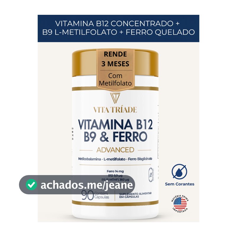 Vitamina B12 Metilcobalamina 412% + B9 Metilfolato + Ferro Bisglicinato 90 Cápsulas Rende 3 meses