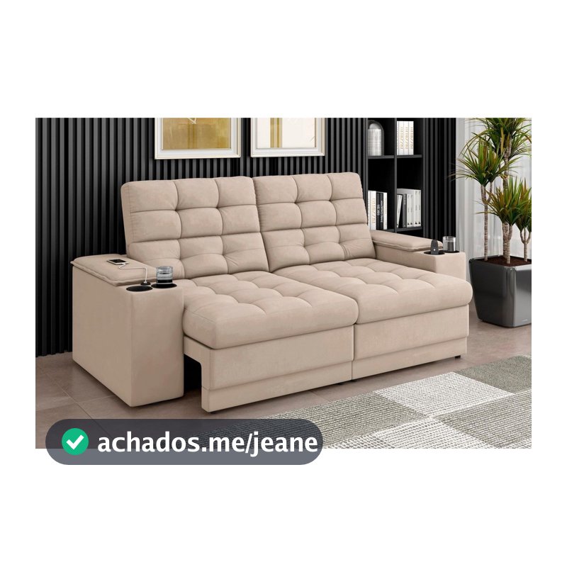 Sofá Confort Premium 2,05m Assento Retrátil/Reclinável porta copos e USB Suede Areia - XFlex Sofas