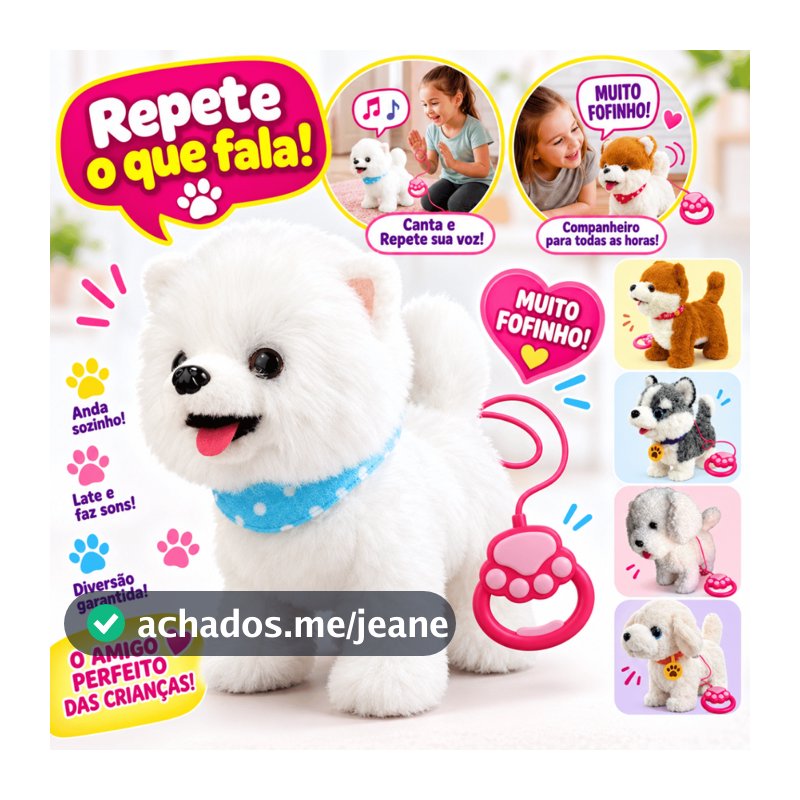 Cachorro de Pelúcia Interativo Anda Canta Repete Frases Brinquedo Pet Coleira
