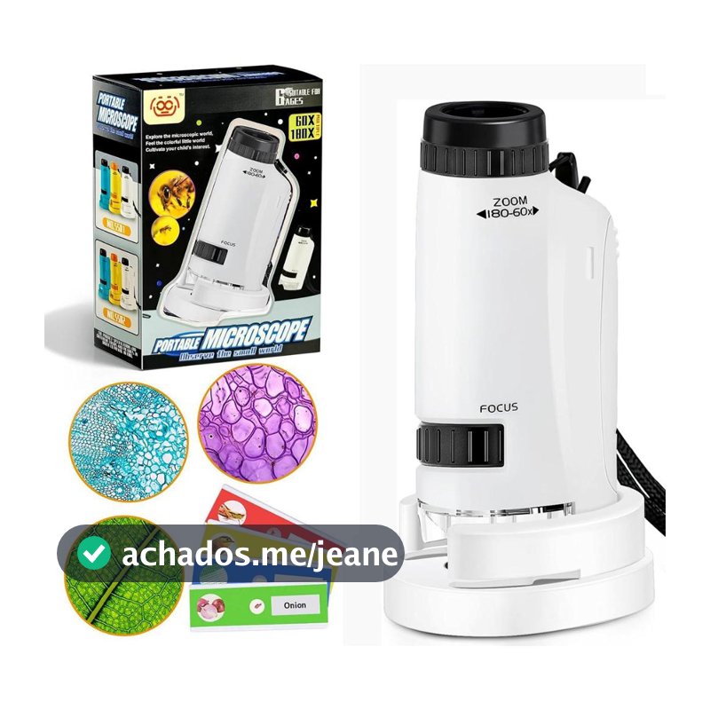 Microscópio de bolso portátil para crianças, 60-180 vezes, HD, luz LED, experimento científico, brinquedo de observação
