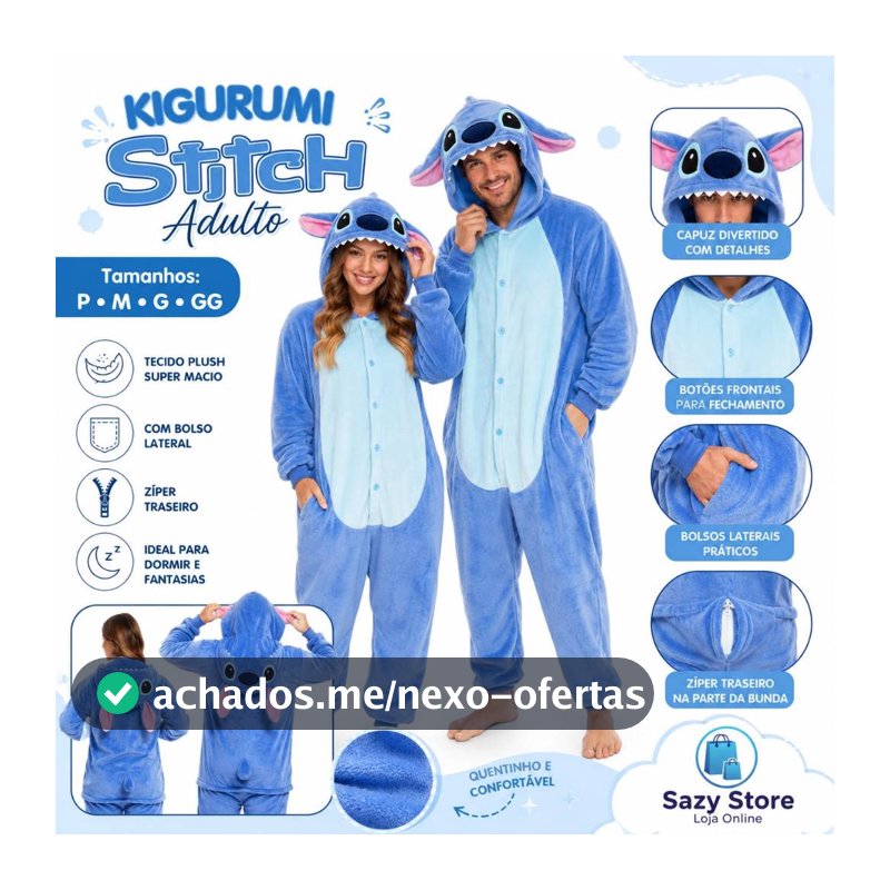 Kigurumi Stitch Adulto Premium Pijama Fantasia Macacão Unissex Plush Quentinho Cosplay