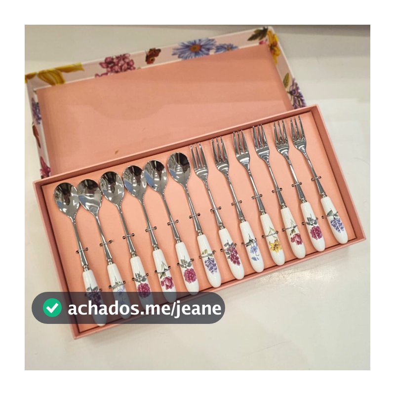 Jogo de Talheres de Sobremesa Inox e Porcelana Floral 12 Peças