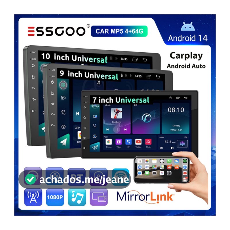 (Do São Paulo)ESSGOO Bluetooth 7 " 9 " 10 " 2 Din 4 + 64GB Android Carro MP5 Player Tela De Toque CarPlay E Rádio Do