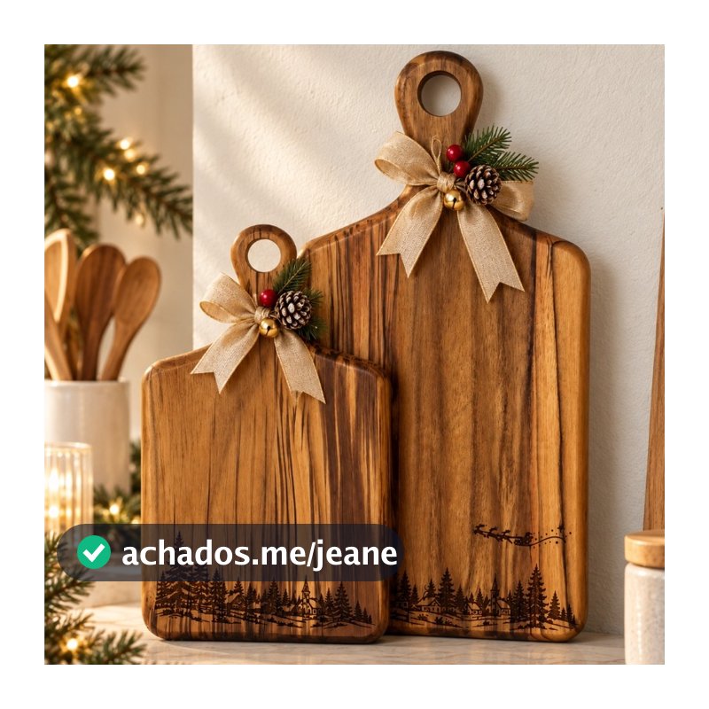 Tábua Natalina Gravação Vila de Natal Decorativa em Madeira Teca - Decoração Servir Cozinha - Kit, P ou G