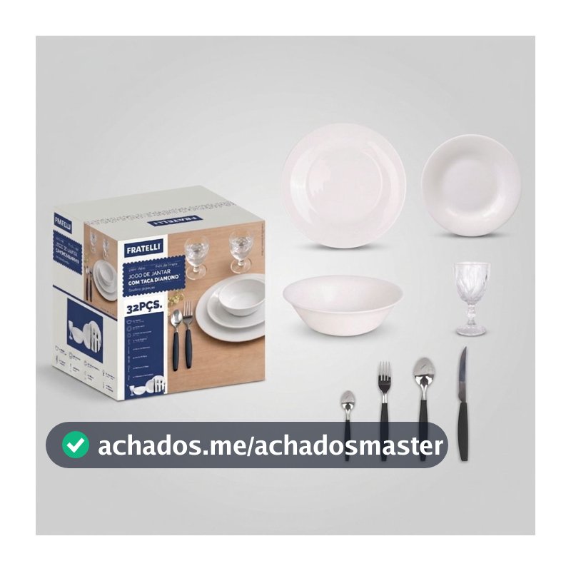 Jogo de Aparelho De Jantar 32 Peças Vidro Branco Com Talheres E Taças Diamond