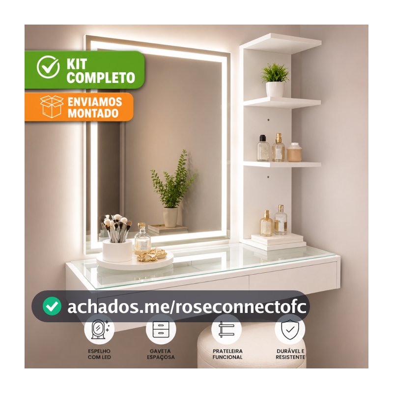 Kit Penteadeira de Vidro com Espelho LED e Prateleira Organizadora Premium Camarim Maquiagem Gaveta Suspensa