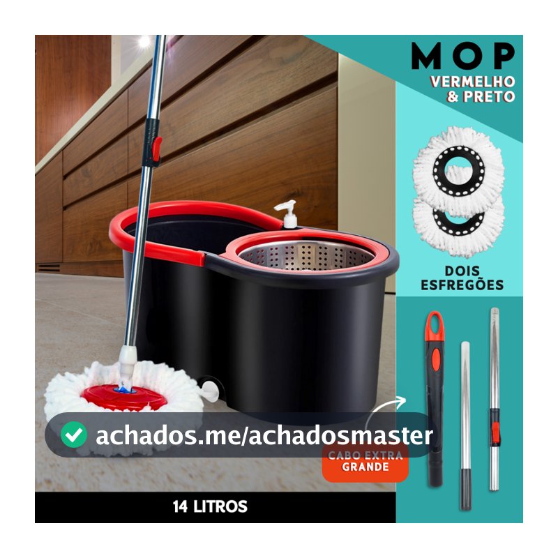 Mop Giratório C/ cabo de 140 cm + 2 Refis Balde Centrífuga Cesto Em Inox Com Rodinhas - SHEFA