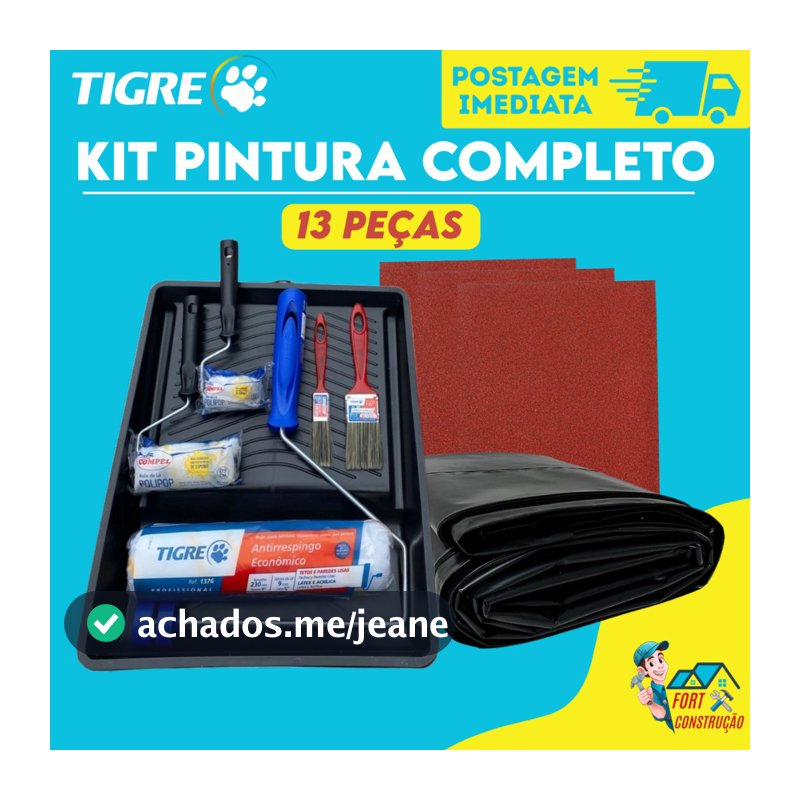 Kit Pintura Parede 13 Peças – Rolo de Lã, Lixa, Pincel e Lona Plástica | Completo e Econômico