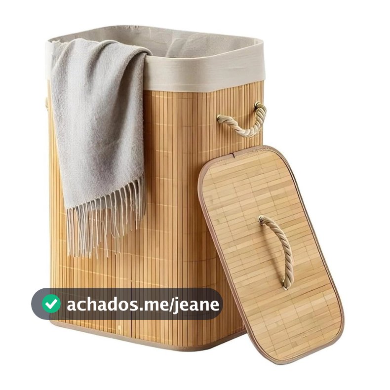 Cesto De Roupa Suja Bambu Com Tampa e Alças Forrado Organizador Grande