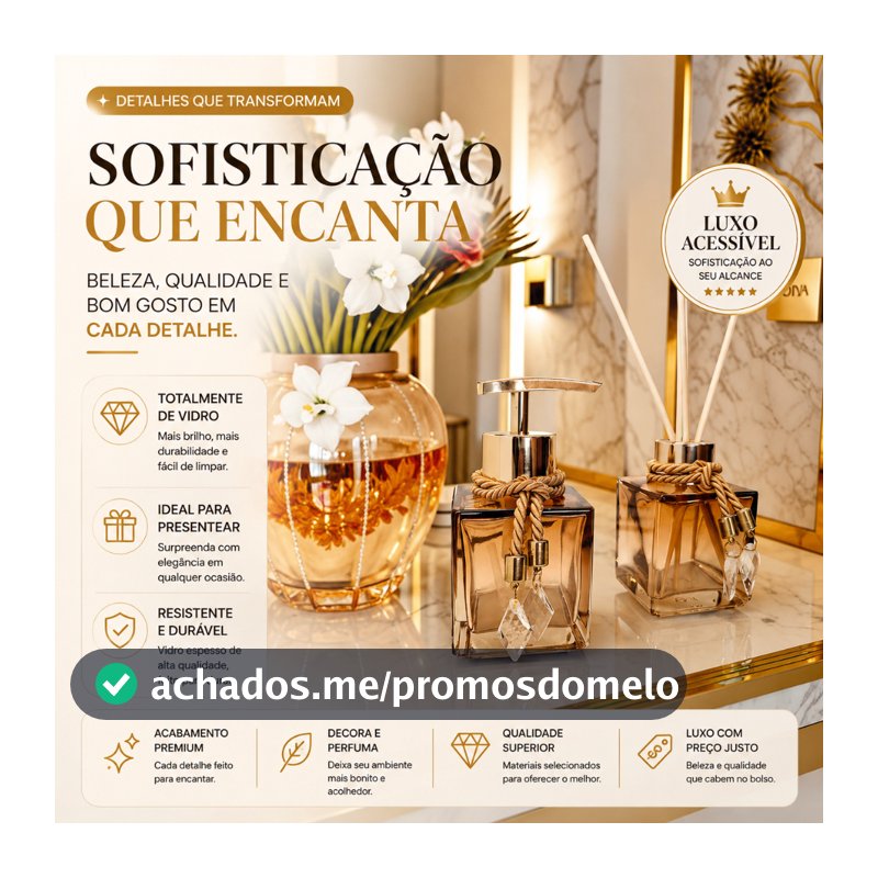 Kit Lavabo Vidro Luxo Com Bandeja Branco Vidro Ambar Banheiro Aroma Difusor