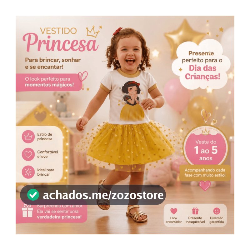 Vestido Princesa Brilho Tule Dourado Branca de Neve Gola Manga Curta Punho Verão Fantasia Festa