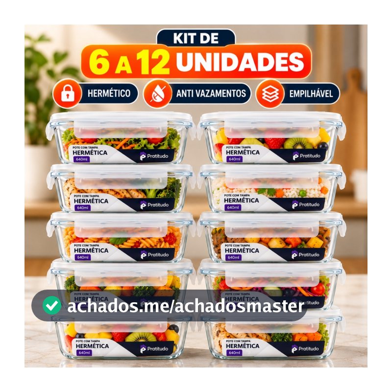 Kit de 6 até 12 Potes de Vidro 640ml - 370 ml Hermético Marmita Fit com Tampa 4 Travas Premium