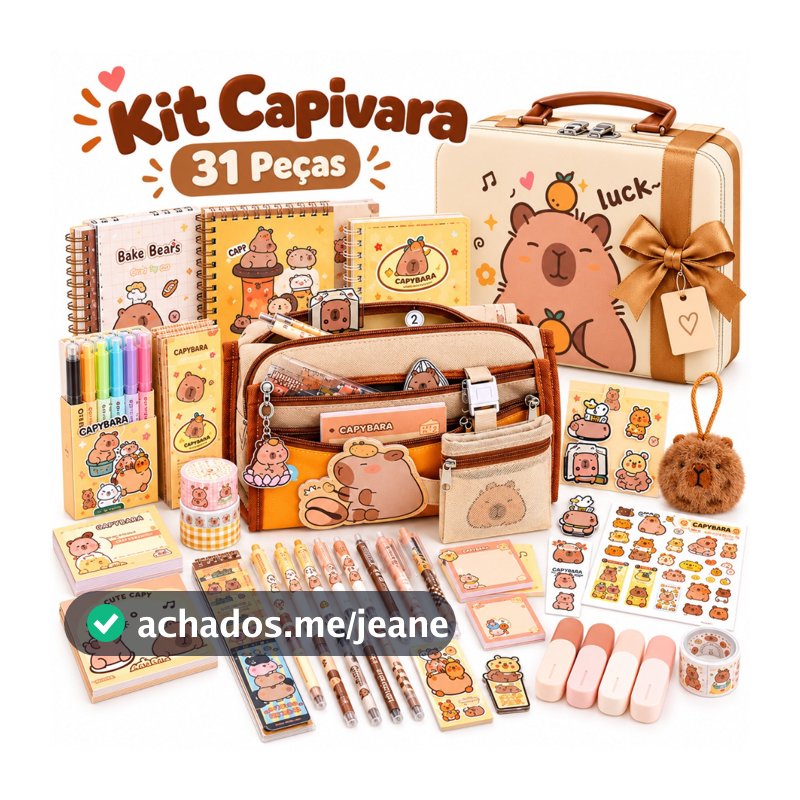 Kit Papelaria Capivara 31 Peças Estojo Canetas Caderno Presente Escolar Infantil