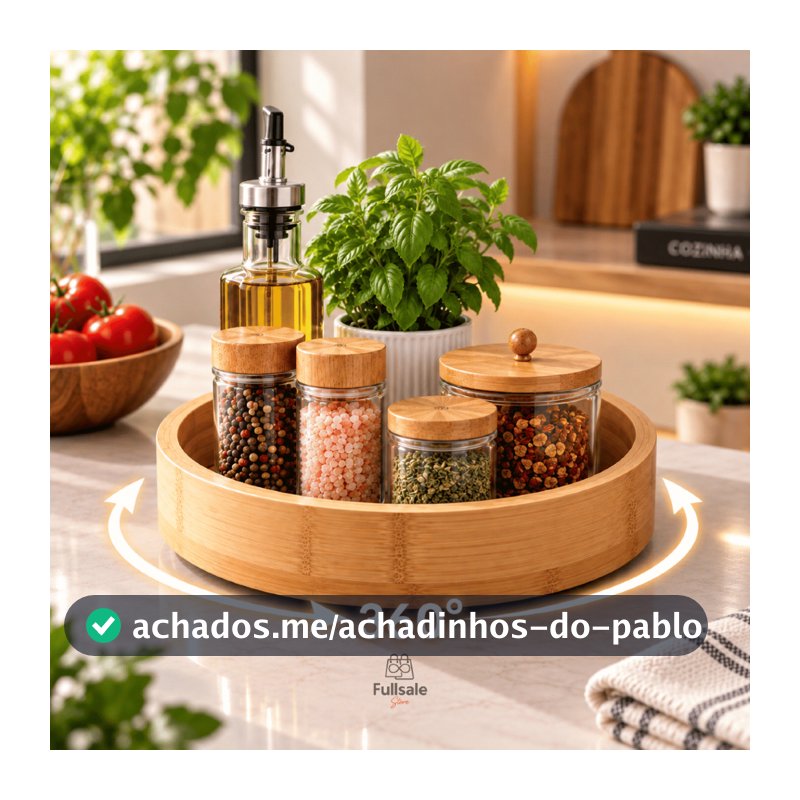 Bandeja Giratória 360° Organizadora de Cozinha em Bambu para Temperos Potes Condimentos Porta Tempero Organizador