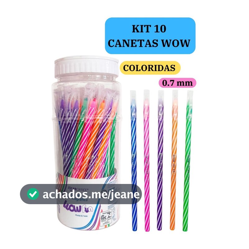 Kit 10 Canetas Esferográficas Wow 0.7mm Coloridas Branco Escolar Escritório Leo&Leo
