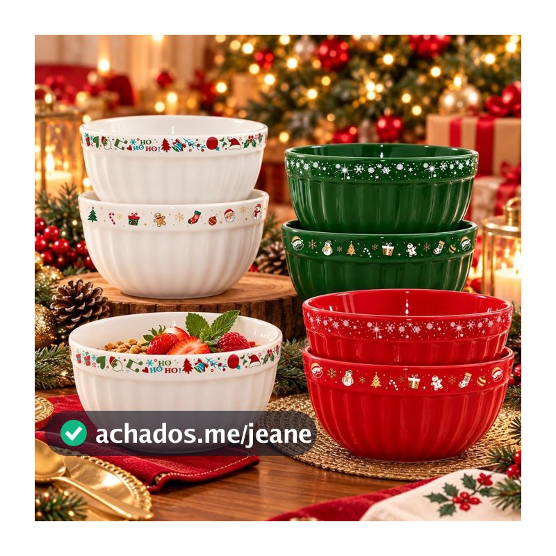 Bowl de Natal Estampado Redondo em Cerâmica Branco Verde Vermelho