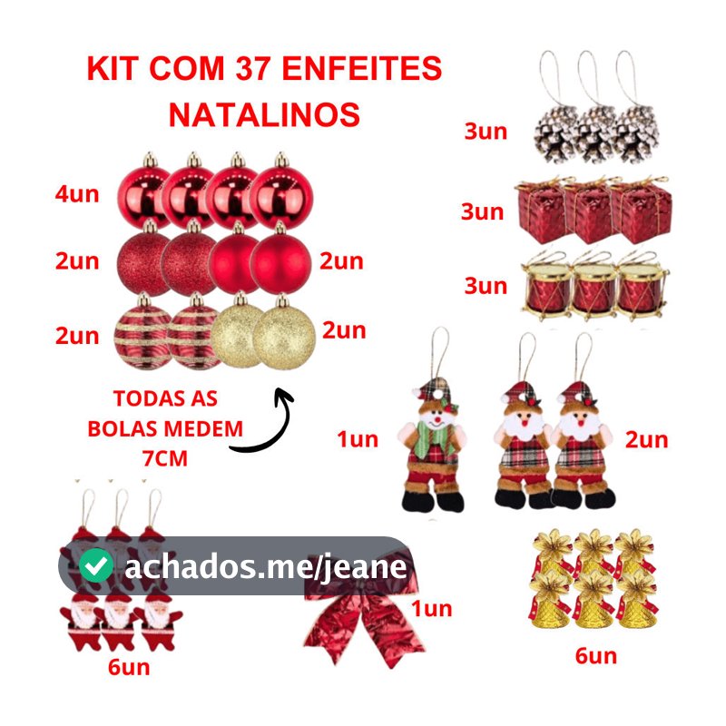Kit Com 37 Peças De Enfeite Natalino Sortido Com Papai Noel Sino Laço Bola Enfeite Diversos E Tecido
