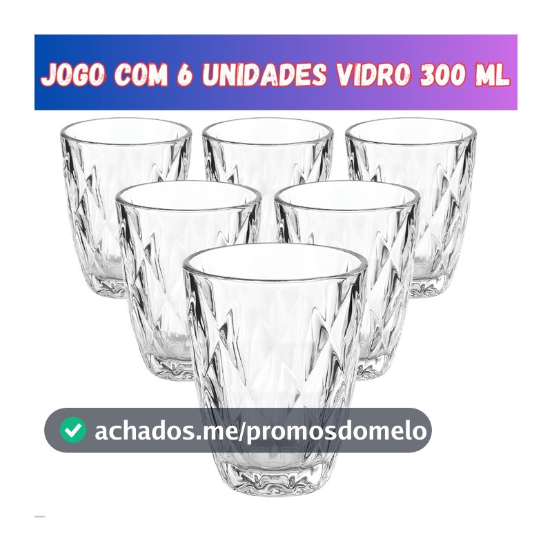 Jogo 6 Copos Baixos Diamond 300ml Vidro Grosso Diamante Luxo