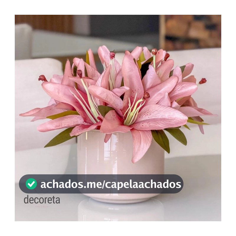 Arranjo de Flores Lírio Rosa Outono Artificial com Vaso de Vidro Decorativo Luxo