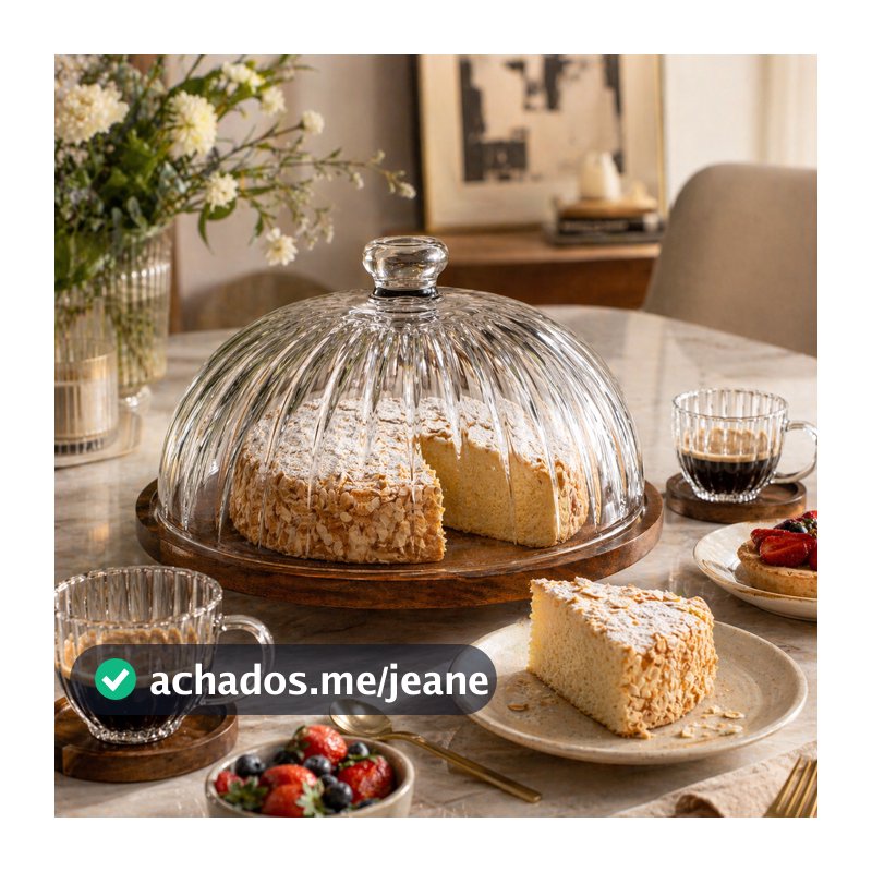 Porta Bolo 29cm Boleira Grande Cúpula Cristal Base Em Madeira Acácia Montecarlo Hauskraft Premium