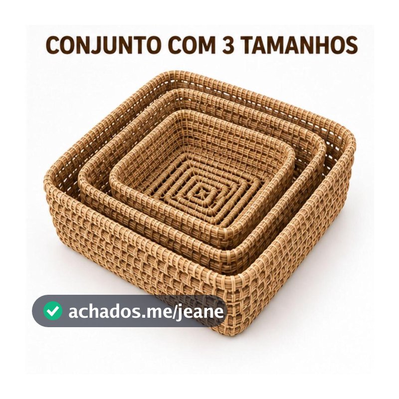 Kit 3 Cestos Organizadores Quadrados de Fibra Natural em 3 Tamanhos