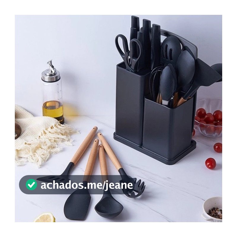 Kit Completo Jogo Utensílios de Cozinha Luxo 19 Peças Com Tábua em Silicone Espátula Faca Tesoura TOP