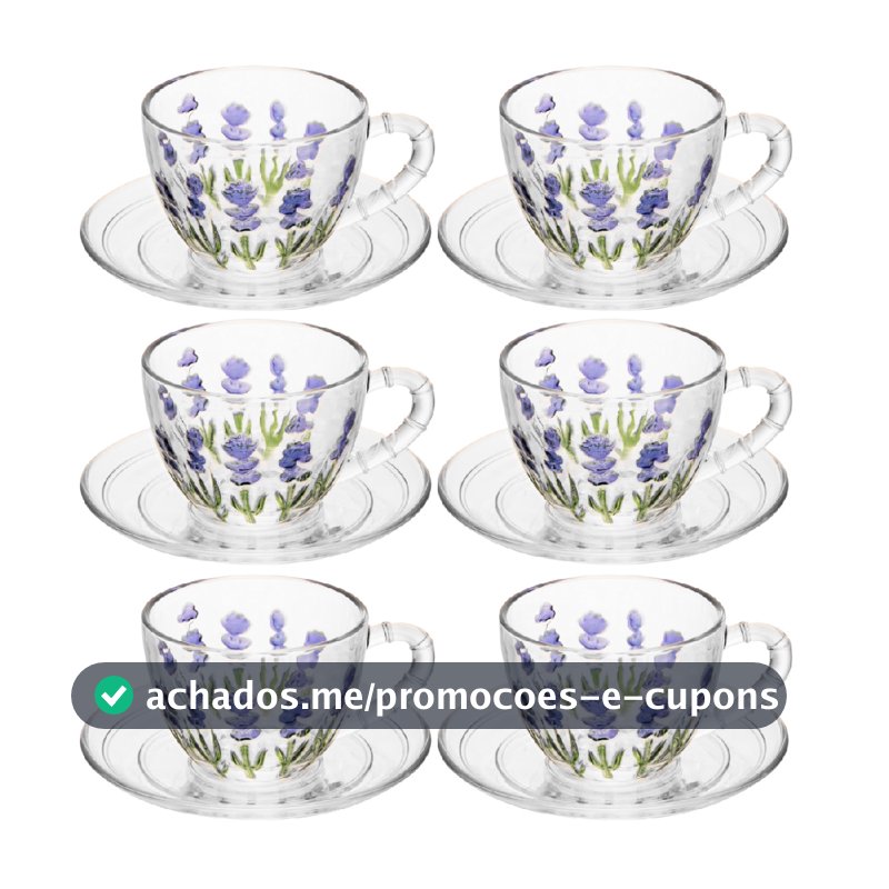 Kit 6 Xícaras de Chá 220ml Lyor Lavanda em Cristal Requintado Luxo Hand Painting Mesa Posta Transparente Roxa Roxinha