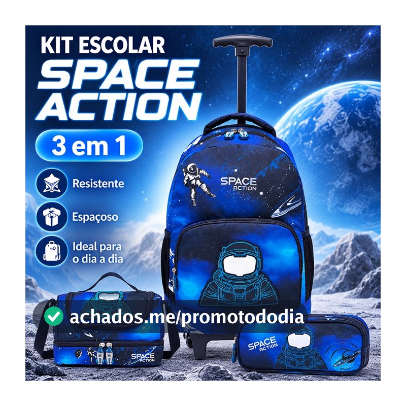 Guelph Kit Mochila azul com rodas com motivo de astronautas da equipada com lancheira e bolsa para material escolar