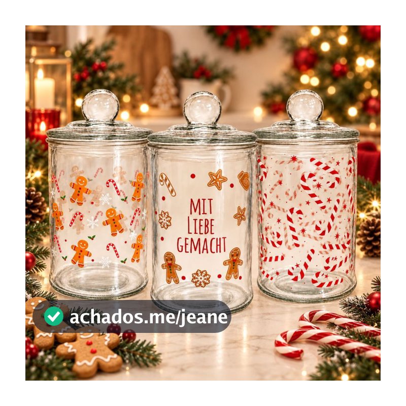 Pote de Vidro Hermético Com Tampa Decorativo de Natal - 630ml | Biscoito, Chocolates, Doces, Balas, Cookies, Castanhas