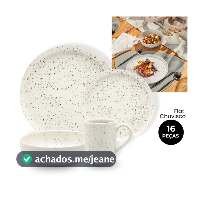 Aparelho Jogo de Jantar Chá e Café 16 Peças Flat Chuvisco Oxford Com Caneca 360ml Prato Tigela Bowl