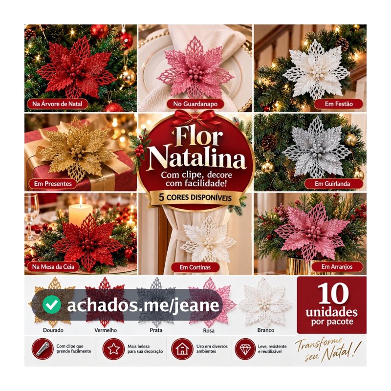 Flores Natalinas com 10 e  Clipe 10cm Enfeite de Natal para Árvore Guirlanda Festão Mesa Presentes Decoração Natal