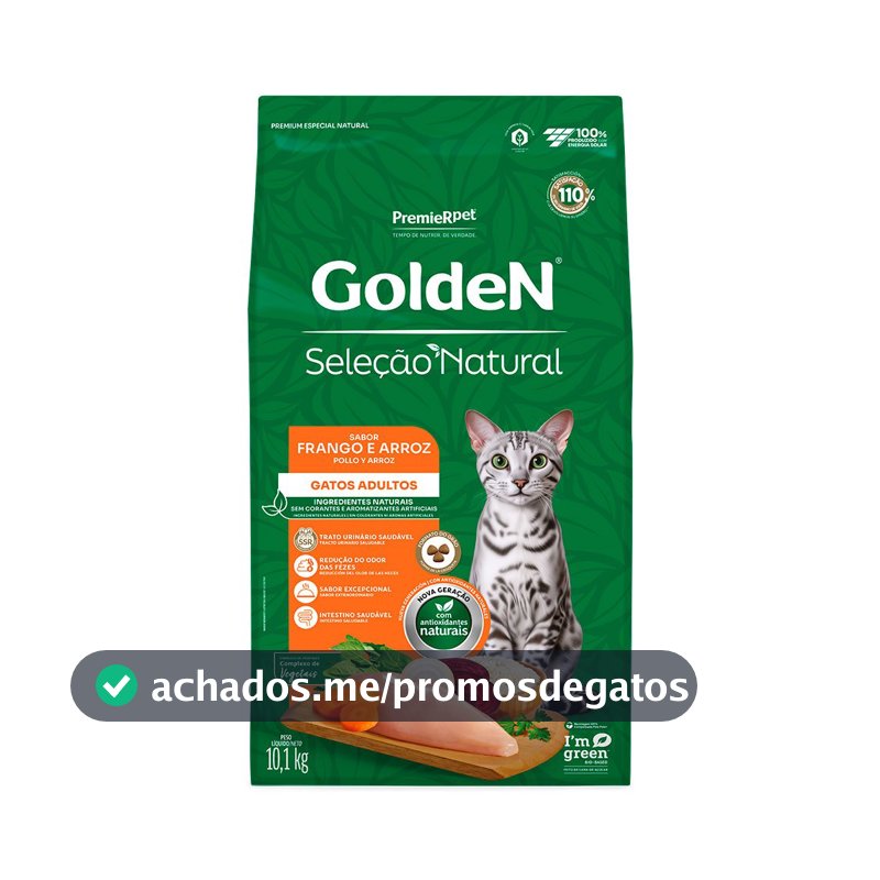 Ração Golden Seleção Natural Gatos Adultos Frango e Arroz 10,1kg