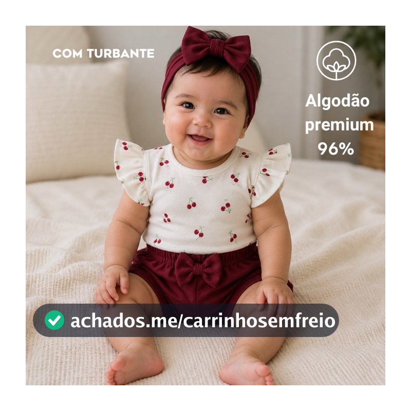 Conjunto Bebê Menina verão Body e Calça ou Shorts Algodão Premium com Turbante | Verão e Meia Estação
