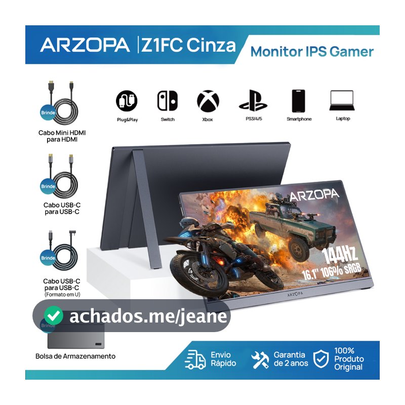 Monitor Gamer Portátil ARZOPA 16.1" 1080P, 144Hz, 106% sRGB, HDR, para Mac, PC, Switch e PlayStation