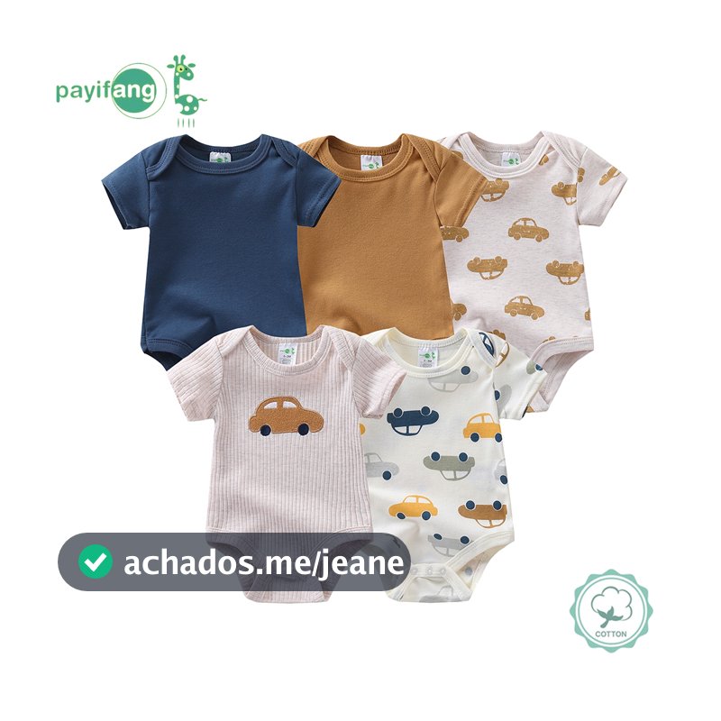 Kit 5 Pecas Body Bebe Manga Curta Algodao Suedine Meninos e meninas Verao 60% algodão, 40% poliéster-Padrão de carro